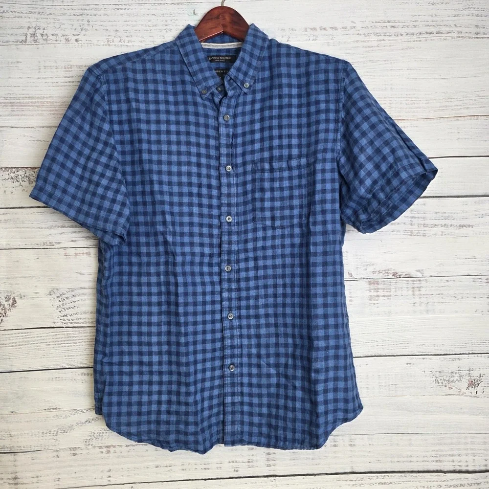 Banana Republic Shirt Men Medium Blue Check Linen Camden Fit Short Sleeve Button